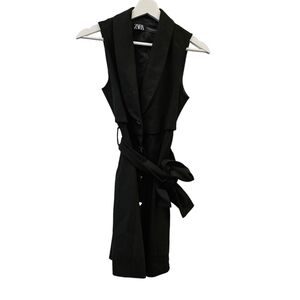 Zara Sleeveless Vest Belted Dress Button Down Black